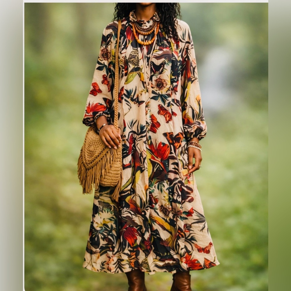 H&M dress featuring a flora and fauna pattern.